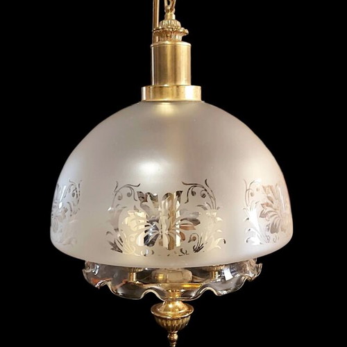 Vintage 1970 3-light ceiling lamps like new with frosted glass and brass details