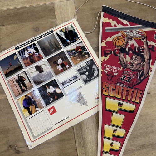 Vintage NBA Memorabilia used Michael Jordan 1992 calendar & Scottie Pippen felt pennant