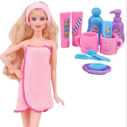 Doll towel dress pink "Pink Bath with 11 bathroom accessories" - 7171P