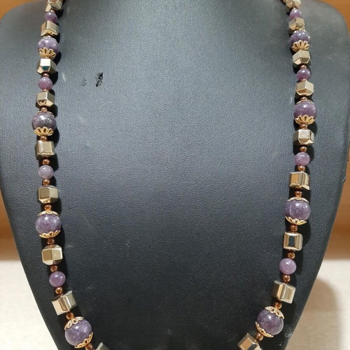 Necklace with Lepidolite and Hematite in 925 Silver, over 60 cm, new