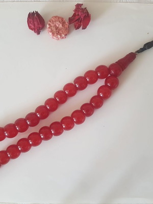 Amber worry beads used, 33 beads, deep red-orange color