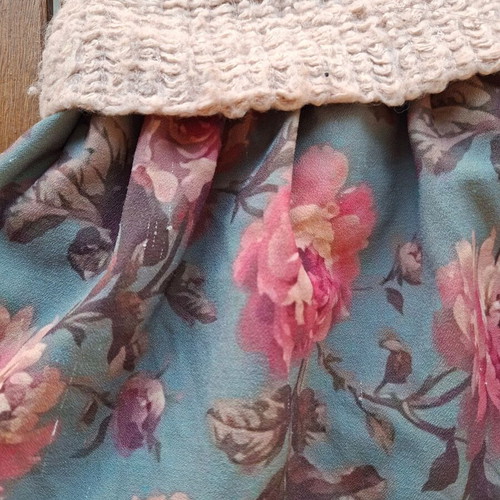 Karavan knitted dress with floral ruffle, dusty pink and petrol