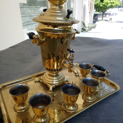 Small Russian Samovar OA Moscow new with tray and 6 tea cups