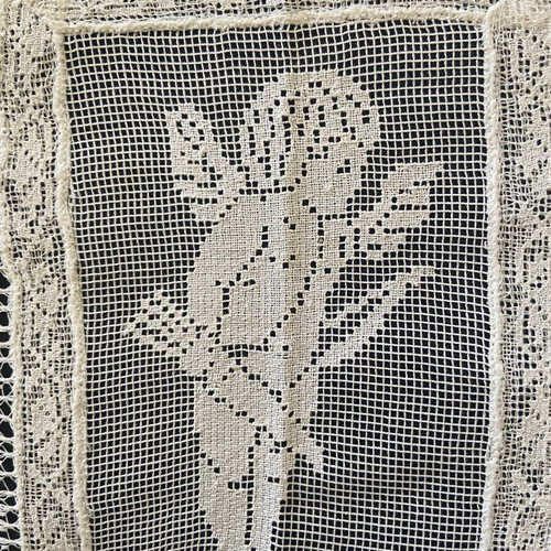 Handmade Tutone lace table runner with butterfly and cherub