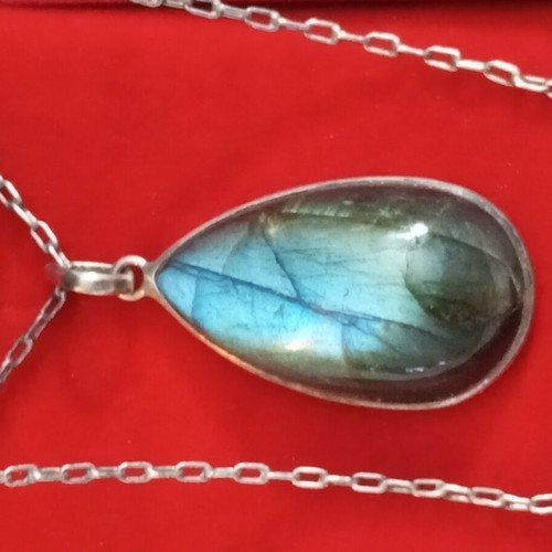 925 Silver Labradorite Necklace used, teardrop pendant 4.5x2cm, 48cm chain