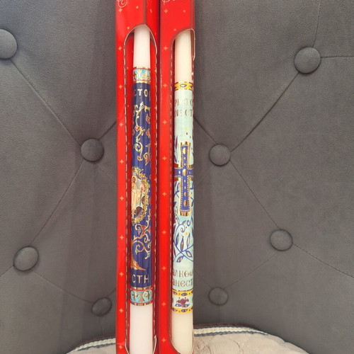 Easter candles set of 2 new with religious designs and gold print