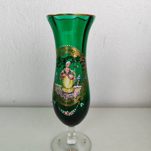Vintage Murano vase emerald glass with handmade painting and 24K gold like new