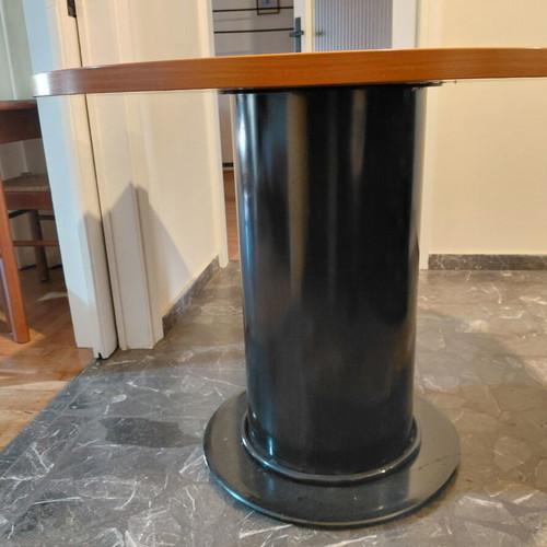 Round wooden table with black metal base like new