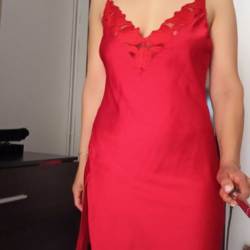 Red satin slip dress Med like new with lace V neckline and thin straps