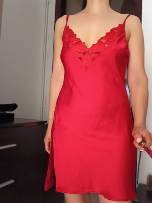Red satin slip dress Med like new with lace V neckline and thin straps
