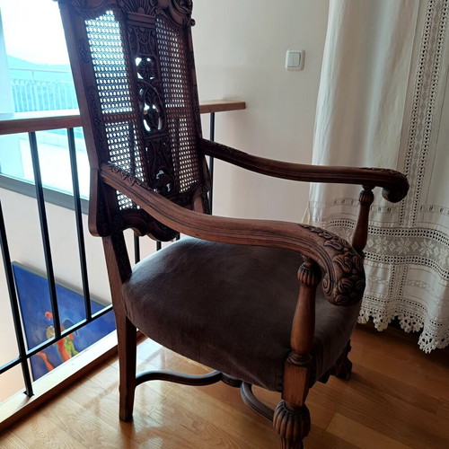 Vintage wooden armchair baroque style used, cane back, velvet seat