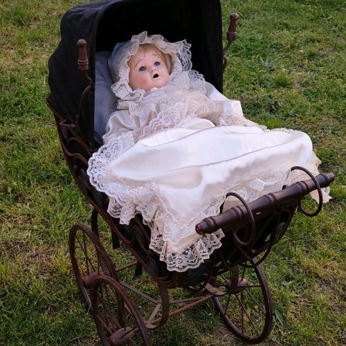 Antique collector rattan stroller set with porcelain doll used