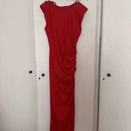 BSB red fitted maxi midi dress with draped gathers and cap sleeves