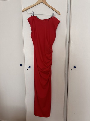 BSB red fitted maxi midi dress with draped gathers and cap sleeves