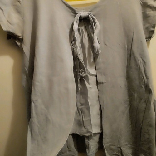 Short-sleeve summer blouse used, gray and turquoise, size M