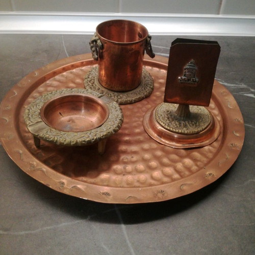 Copper serving set used, 4 pieces with embossed design