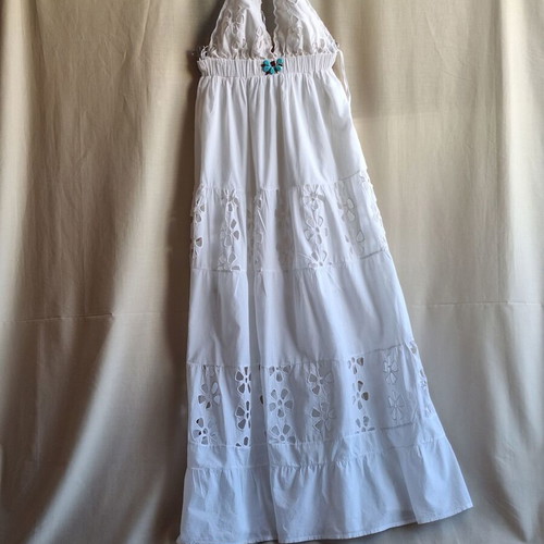 On Line Small White Maxi Dress Broderie Anglaise Boho Halterneck