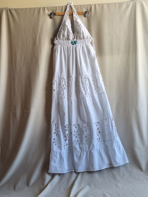 On Line Small White Maxi Dress Broderie Anglaise Boho Halterneck