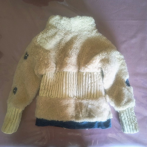Children's mouton fur jacket new, leather and denim, ages 2 to 4, beige