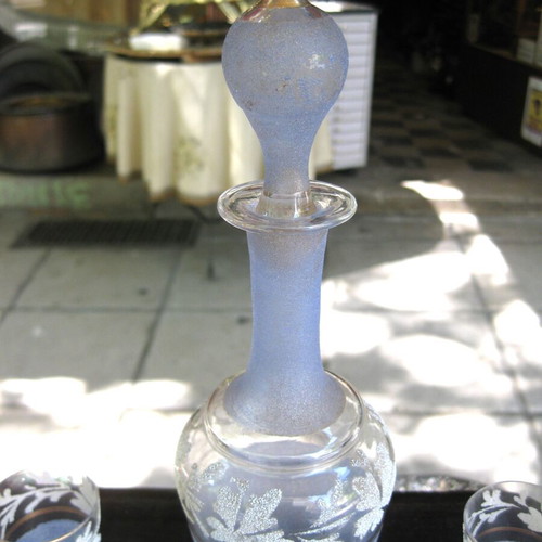 Liqueur decanter with two glasses used, handmade vintage set