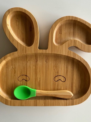 Bamboo baby bunny plate with suction and spoon