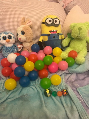 Plush toys and balls used, all together