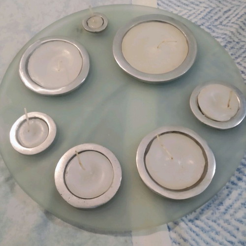 Large table candlestick like new, blown glass and solid aluminum