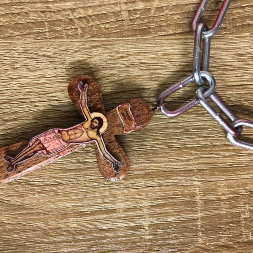 Industrial Blood-Splatter Paperclip Chain with Wooden Icon Crucifix Pendant new