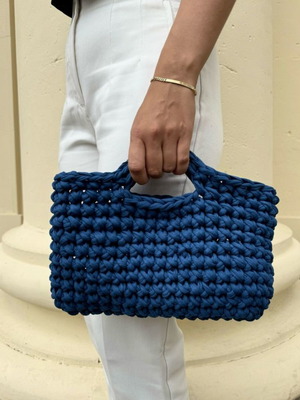 Crochet tote bag χειροποίητη, σκούρο μπλε, μεγάλη χωρητικότητα
