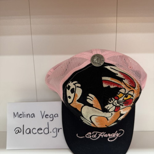 Ed Hardy trucker hat with cartoon rabbit embroidery, pink mesh back, like new