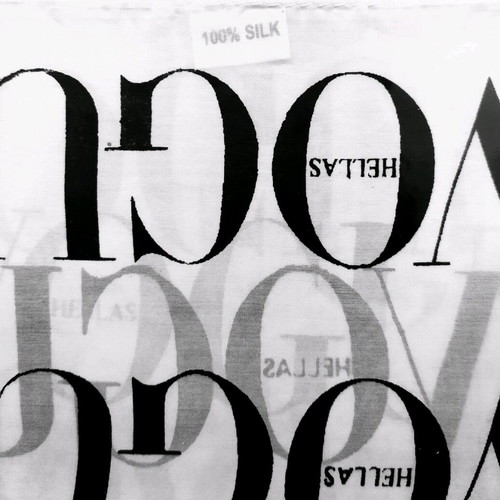 Vogue Hellas silk scarf new, black letters on white background