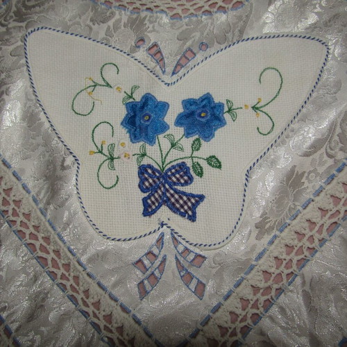Vintage embroidered tablecloth 80x80 cm satin texture with lace and blue flowers
