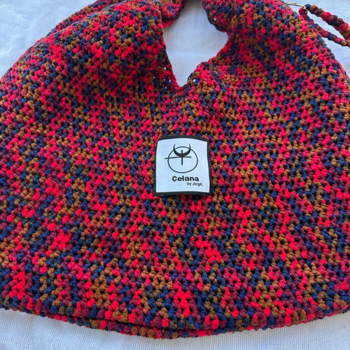 Crochet shoulder bag with flower charm, multicolor
