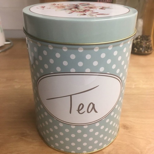 Metal tea tin like new veraman-white polka dot with floral lid