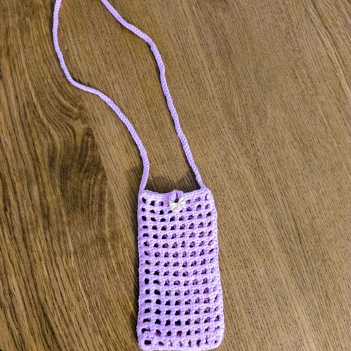 Handmade purple crochet phone case with strap