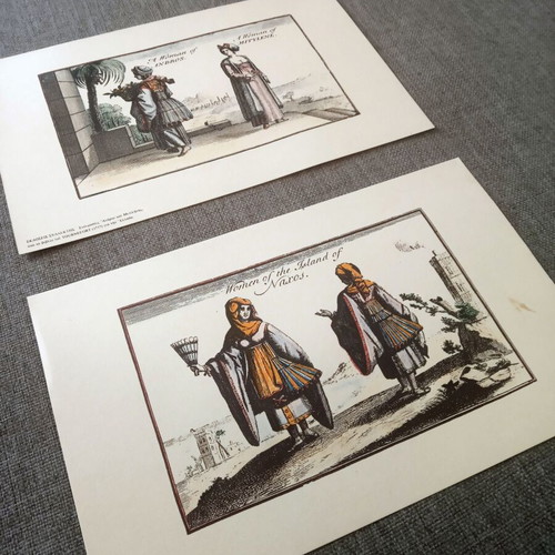 Two collectible hand-colored engravings with traditional costumes like new