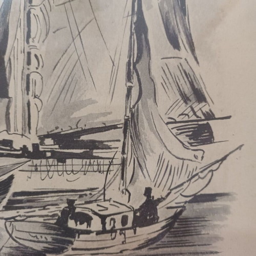 Watercolor painting with sailboats used, signed by D. Ioannou