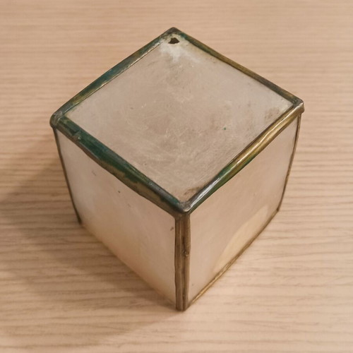 Vintage Boho Capiz Shell and Metal Cube Candle Holder