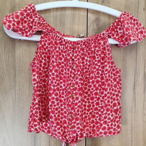 Clockhouse Off-The-Shoulder Floral Button-Front Tie-Hem Crop Top XS 34