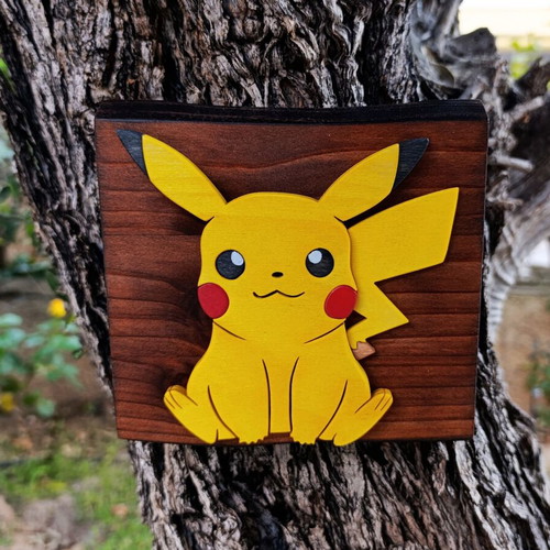Handmade wooden Pikachu wall decor, Pokémon, 15x15 cm