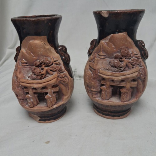 Vintage Japanese Banko Ware embossed vases pair used