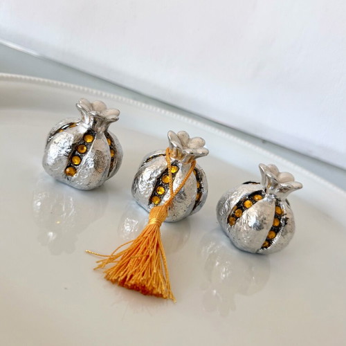 Set of 3 decorative pomegranate miniatures silver with crystals and tassel new