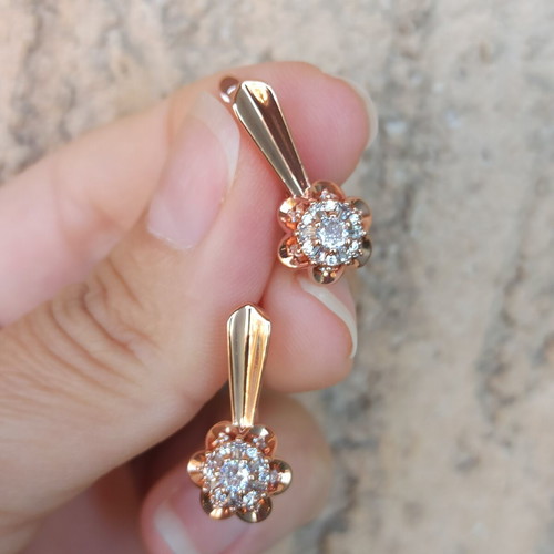 Flower design earrings with zircon, 14K gold plated copper, rose gold