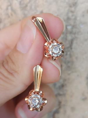 Flower design earrings with zircon, 14K gold plated copper, rose gold