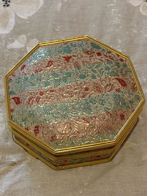 Vintage embroidered octagonal jewelry box used with mirror