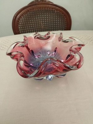 Murano vintage γυάλινο μπολ με κυματιστές άκρες σε ροζ και μπλε-μοβ