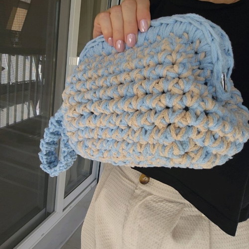Handmade Crochet Clasp Bag Beige and Turquoise