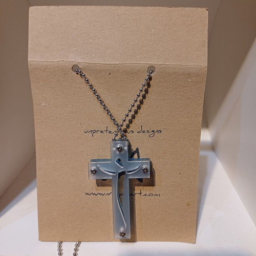 Two-sided cross blue and transparent made of recycled plexiglass with chain