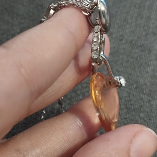 Modern necklace with double chain and heart pendant in amber tone, like new