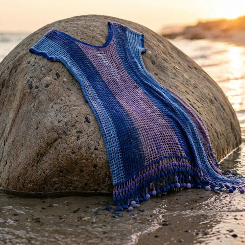 Handmade summer dress with net, blue and lilac shades, Vanas Woven Waves